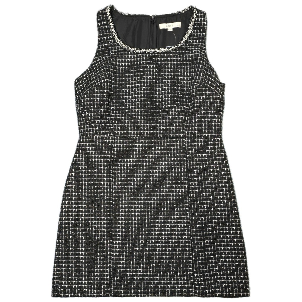 LOFT Tweed Dress Women 10 Petite Black NWT Metallic Fringe Trim Sleeveless